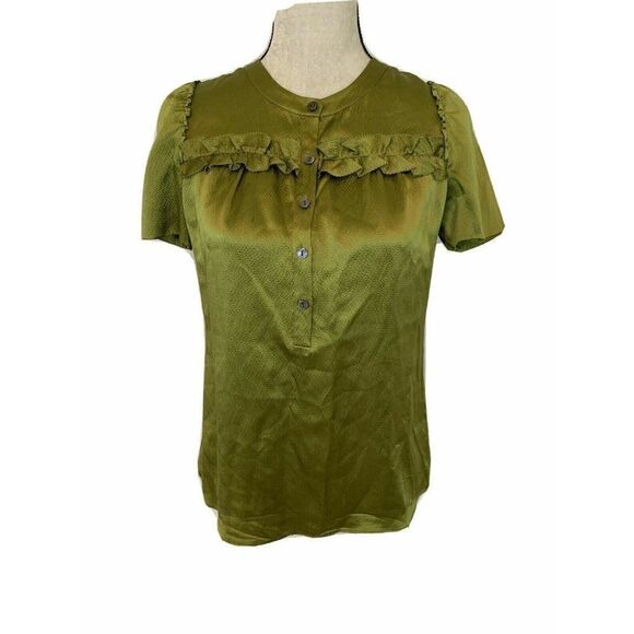 J Crew Solid Olive Green 100% Silk Short Sleeve Top Blouse 0 Xs Xxs - Picture 1 of 7